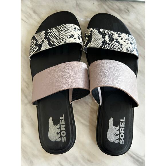 Sorel Mauve Pink & Snakeskin Slip On Flat Sandal - Picture 1 of 6